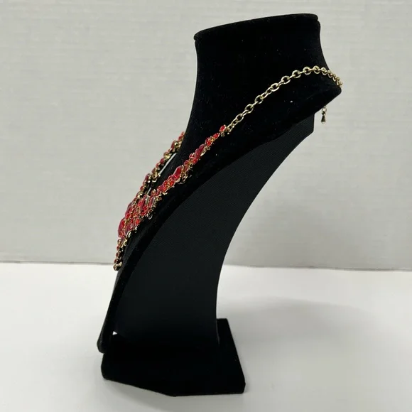 Red Floral Statement Necklace Bib Drop Earrings Jewelry Holiday Set Gold Rose gf - Picture 9 of 16